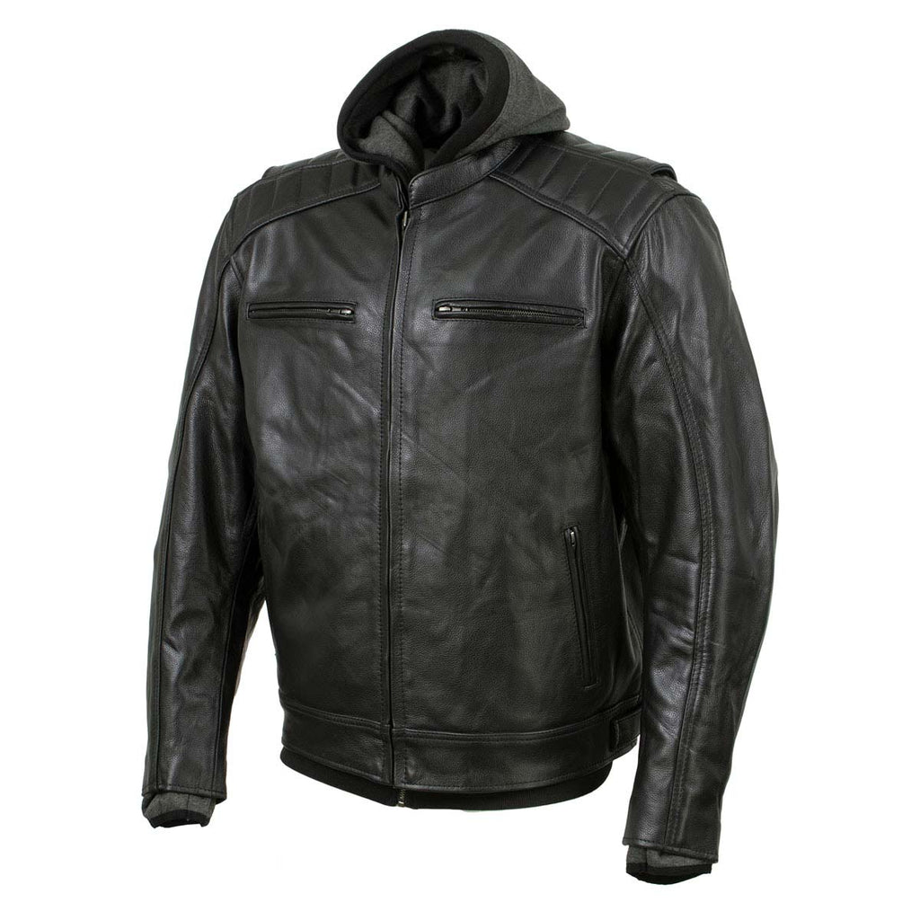 Milwaukee Leather Men's Alibi Black Leather Motorcycle Jacket w/ CE Armor, Removable Hoodie - LKM17021