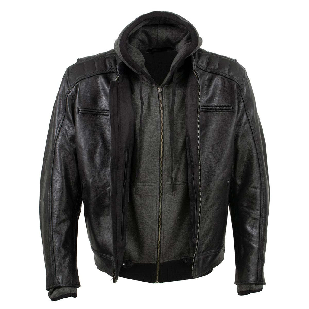 Milwaukee Leather Men's Alibi Black Leather Motorcycle Jacket w/ CE Armor, Removable Hoodie - LKM17021