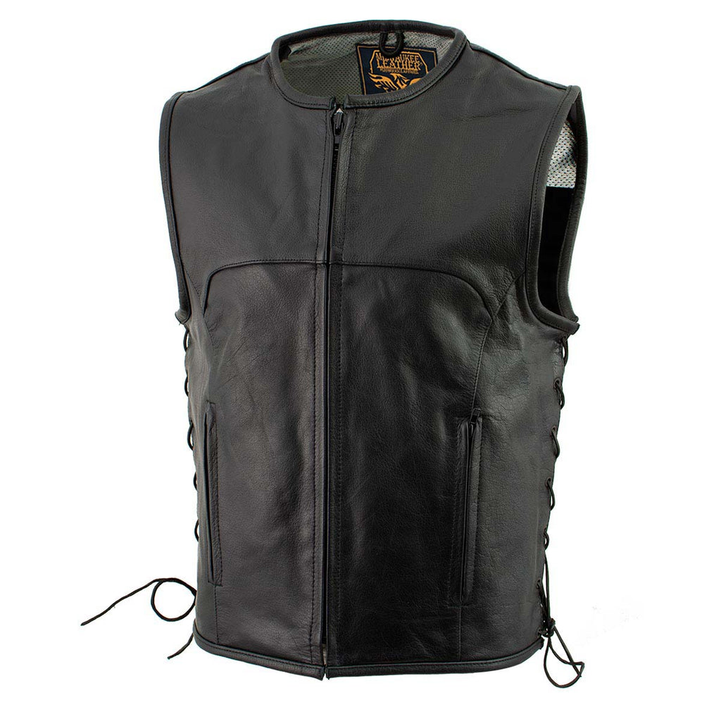 Milwaukee Leather Men's Drifter Black Collarless Buffalo Leather Motorcycle Vest - LKM3792