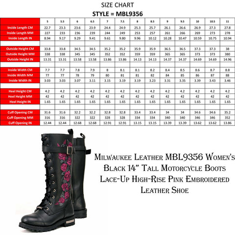 Milwaukee Leather MBL9356 Women's Black 14” Tall Motorcycle Boots Lace-Up High-Rise Pink Embroidered Leather Shoe