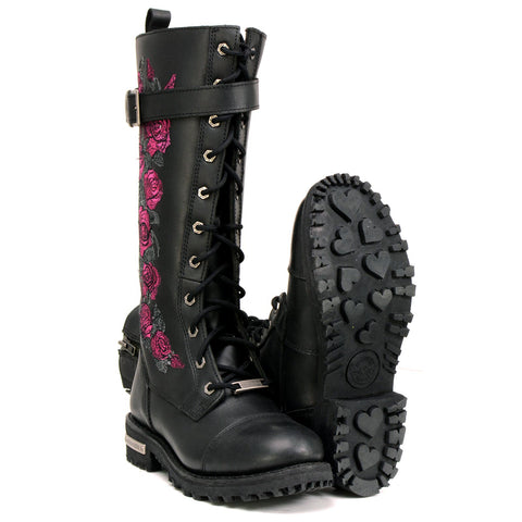 Milwaukee Leather MBL9356 Women's Black 14” Tall Motorcycle Boots Lace-Up High-Rise Pink Embroidered Leather Shoe