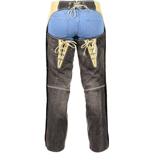 Milwaukee Leather MDL6905 Women's Two Tone Black and Beige Denim and Leather Chaps with Two Front Pockets