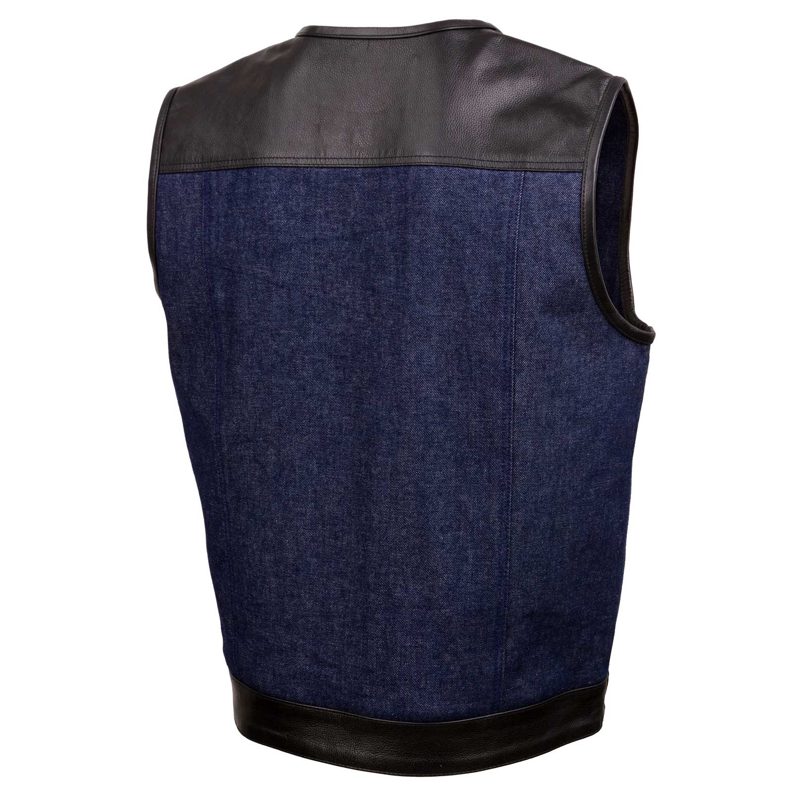 Milwaukee Leather MDM3004 Men's 'Brute' Concealed Snap Blue Denim and Black Leather Club Style Vest w/ Hidden Zipper