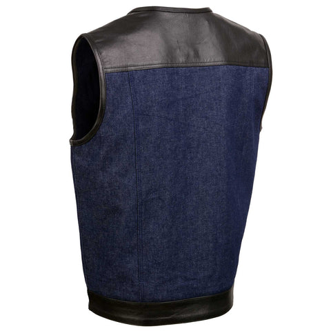 Milwaukee Leather MDM3004 Men's 'Brute' Concealed Snap Blue Denim and Black Leather Club Style Vest w/ Hidden Zipper