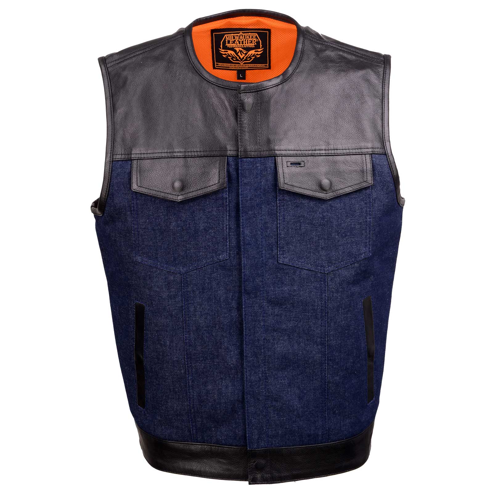 Milwaukee Leather MDM3004 Men's 'Brute' Concealed Snap Blue Denim and Black Leather Club Style Vest w/ Hidden Zipper