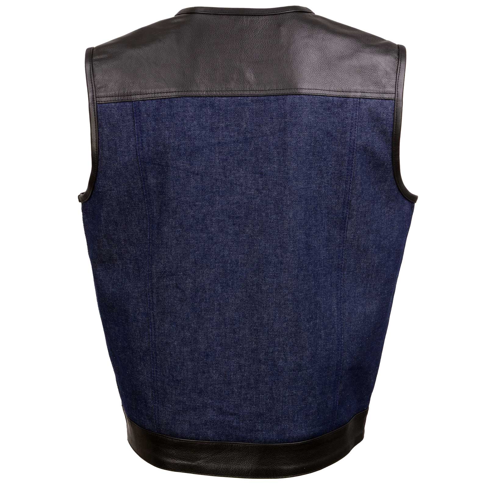 Milwaukee Leather MDM3004 Men's 'Brute' Concealed Snap Blue Denim and Black Leather Club Style Vest w/ Hidden Zipper