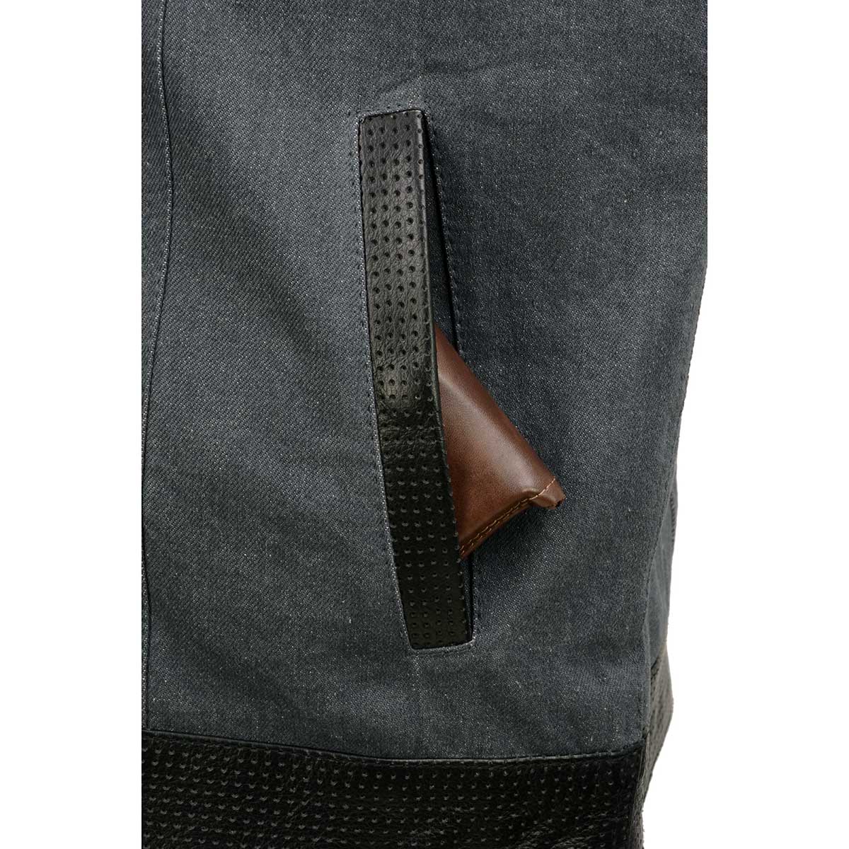 Milwaukee Leather MDM3005 Men's Brute Grey Denim w/ Black Perforated Leather Club Style Vest w/ Hidden Dual Closure