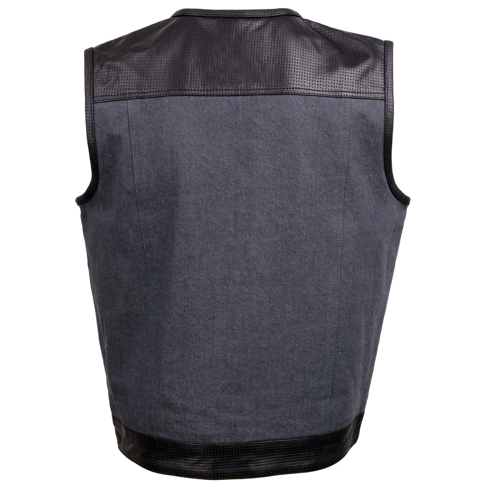 Milwaukee Leather MDM3005 Men's Brute Grey Denim w/ Black Perforated Leather Club Style Vest w/ Hidden Dual Closure