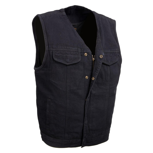 Milwaukee Leather MDM3012 Men's 'Brute' Concealed Snap Black Denim V-Neck Club Style Vest w/ Hidden Zipper