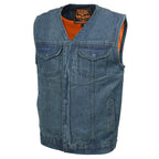 Milwaukee Leather MDM3012 Men's 'Brute' Concealed Snap Blue Denim V-Neck Club Style Vest w/ Hidden Zipper