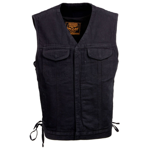 Milwaukee Leather MDM3013 Men's 'Brute' Concealed Snap Black Denim V-Neck Side Lace Club Style Vest w/Hidden Zipper