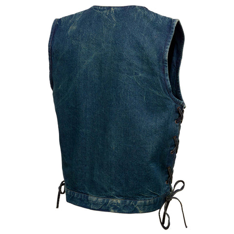 Milwaukee Leather MDM3013 Men's 'Brute' Concealed Snap Blue Denim V-Neck Side Lace Club Style Vest w/Hidden Zipper