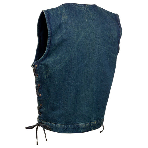 Milwaukee Leather MDM3013 Men's 'Brute' Concealed Snap Blue Denim V-Neck Side Lace Club Style Vest w/Hidden Zipper