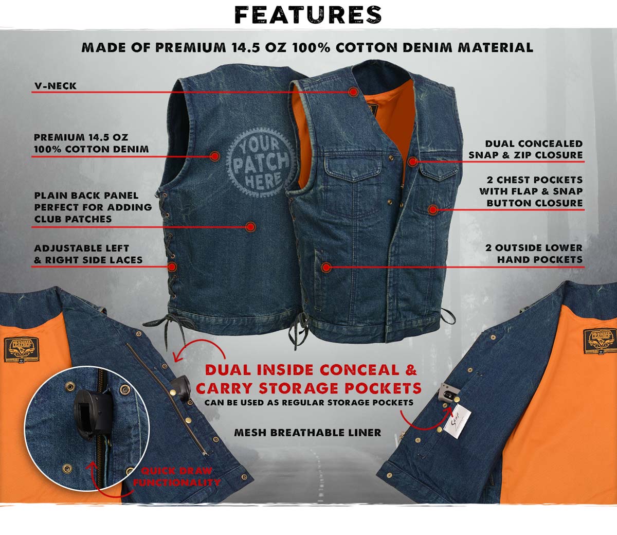 Milwaukee Leather MDM3013 Men's 'Brute' Concealed Snap Blue Denim V-Neck Side Lace Club Style Vest w/Hidden Zipper