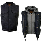 Milwaukee Leather MDM3015 Men's 'Rustic' Black Denim Motorcycle Riding Vest with Hoodie and Quick Draw Pocket