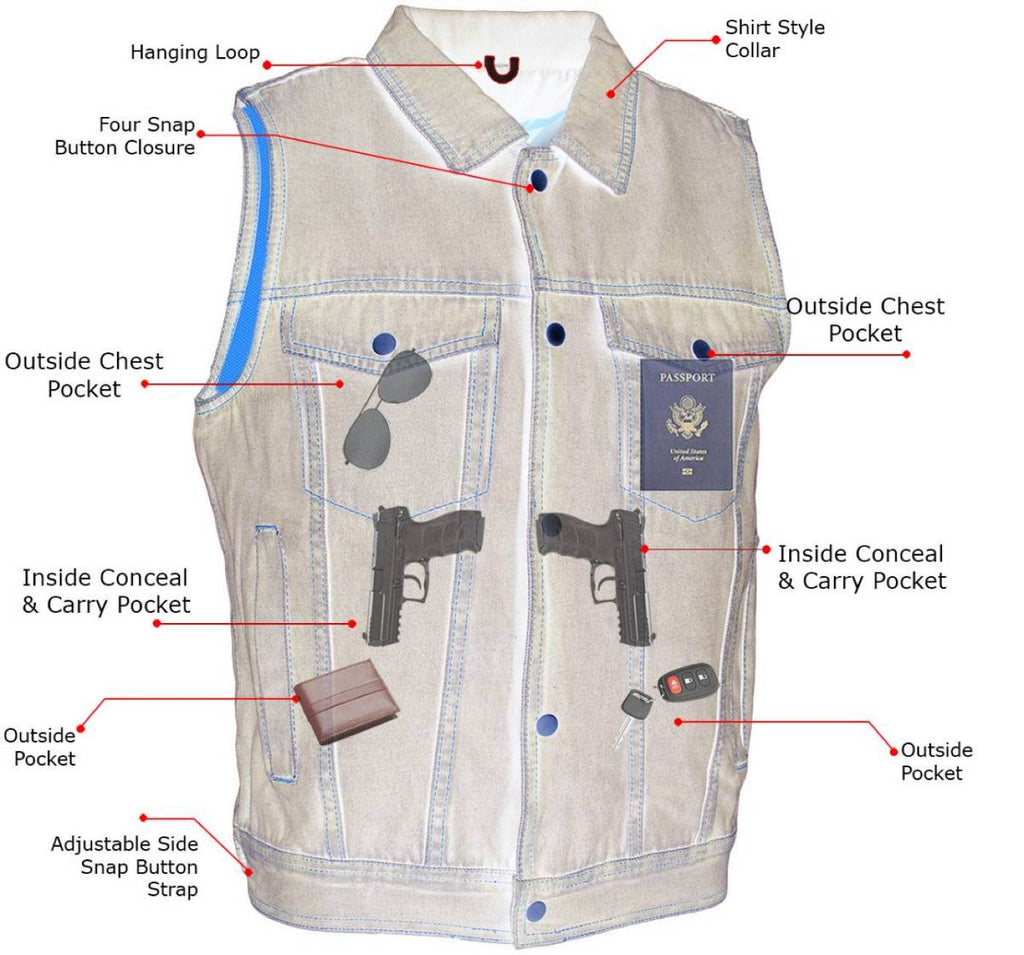 Milwaukee Leather Men's Outrider Blue Denim Motorcycle Rider Vest with Shirt Collar - MDM3080