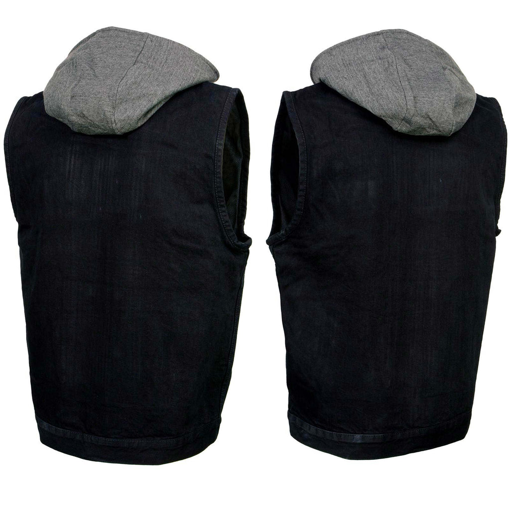 Milwaukee Leather Men's Rustic Black Denim Motorcycle Riding Vest with Removable Hoodie - MDM3082