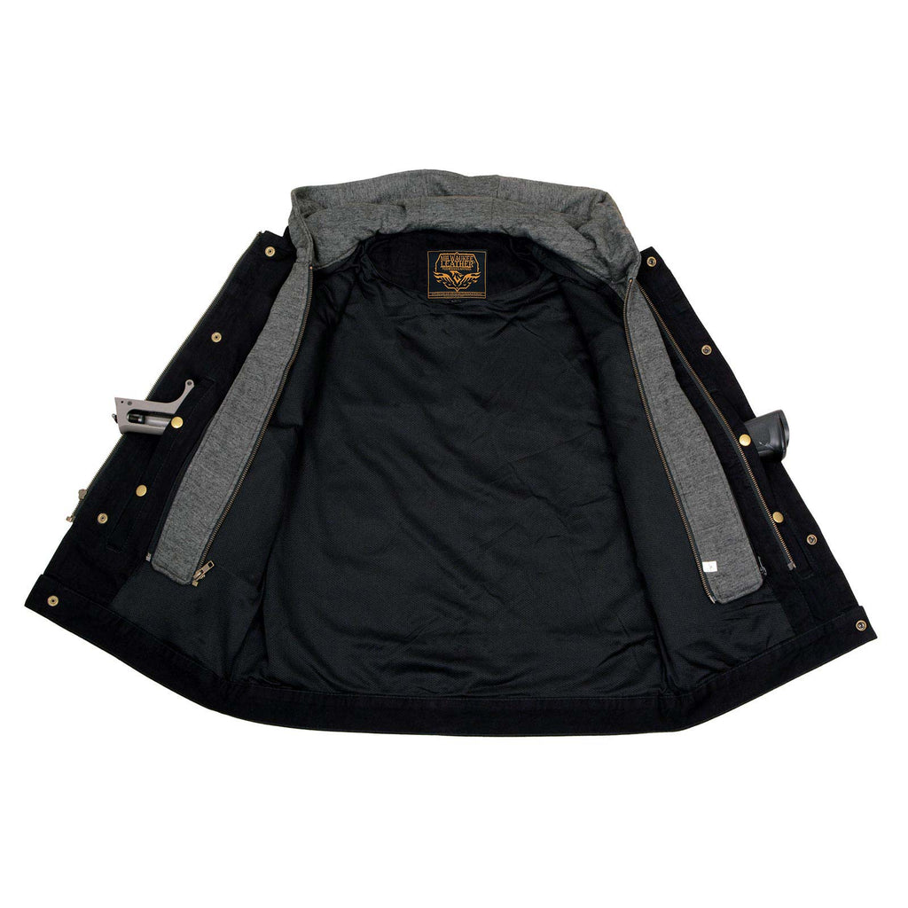 Milwaukee Leather Men's Rustic Black Denim Motorcycle Riding Vest with Removable Hoodie - MDM3082