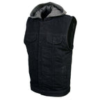Milwaukee Leather Men's Rustic Black Denim Motorcycle Riding Vest with Removable Hoodie - MDM3082
