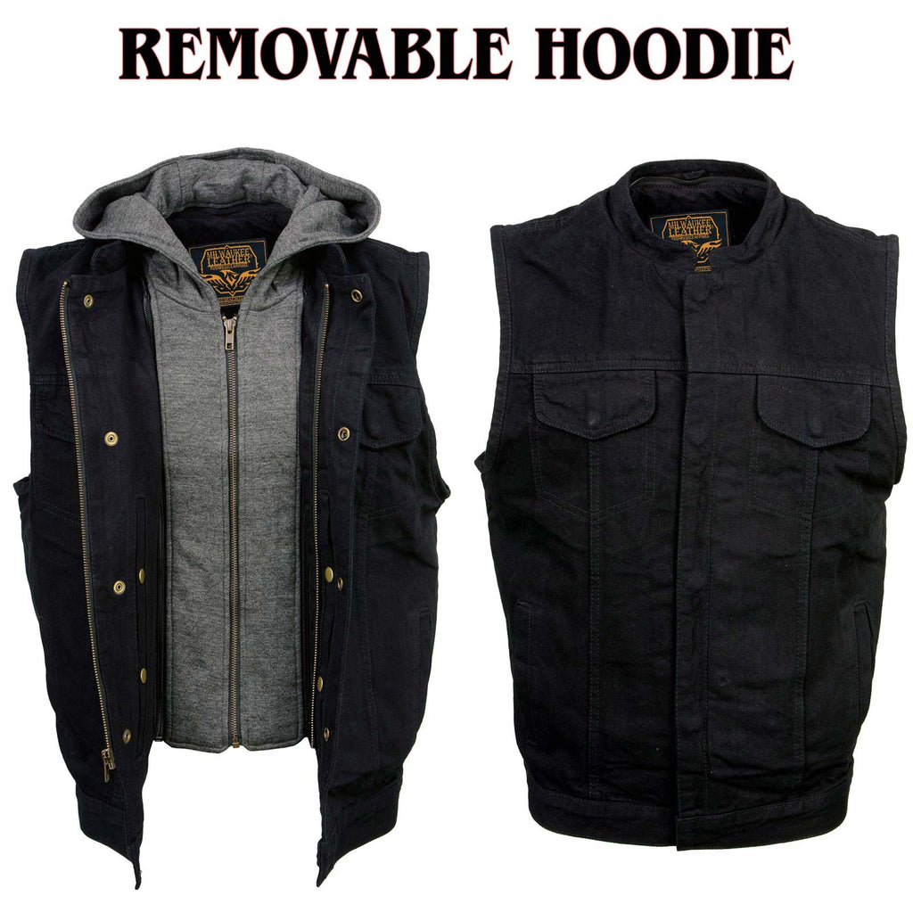 Milwaukee Leather Men's Rustic Black Denim Motorcycle Riding Vest with Removable Hoodie - MDM3082
