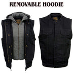 Milwaukee Leather Men's Rustic Black Denim Motorcycle Riding Vest with Removable Hoodie - MDM3082