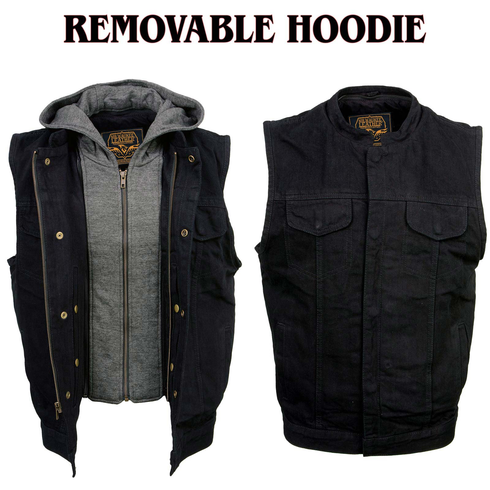 Milwaukee Leather Men's Rustic Black Denim Motorcycle Riding Vest with Removable Hoodie - MDM3082