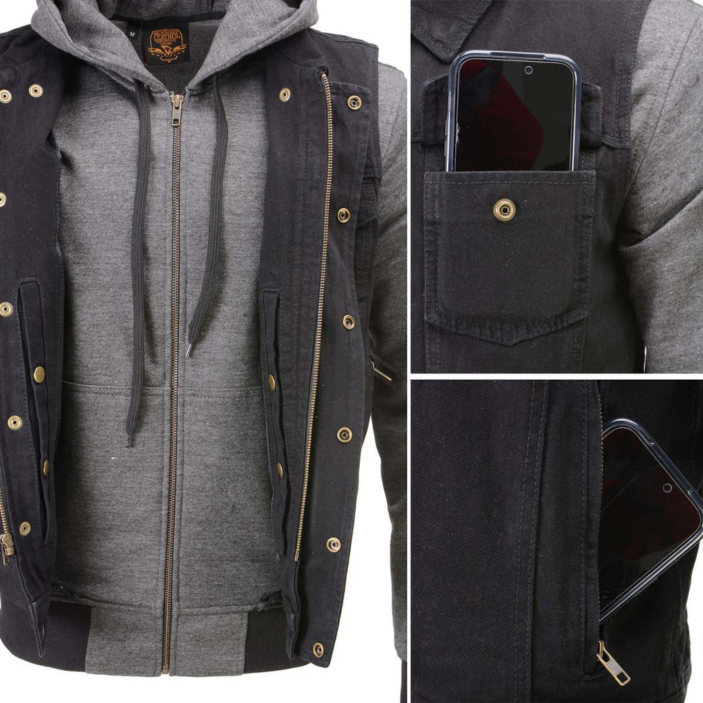 Milwaukee Leather Men's s Black Denim Club Style Motorcycle Vest w/ Removable Hoodie - MDM3083