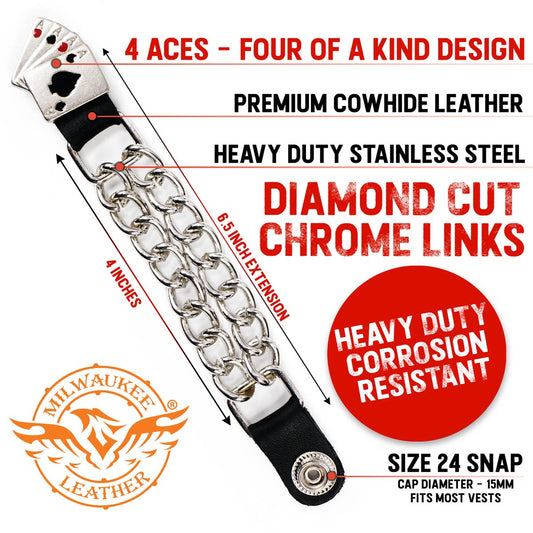 Milwaukee Leather 4 Aces Medallion Vest Extender - Double Chrome Chains Genuine Leather 6.5" Extension 4-PCS MLA6007SET