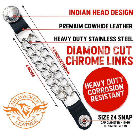 Milwaukee Leather Indian Head Medallion Vest Extender - Double Chrome Chains Genuine Leather 6.5" Extension 4-PCS MLA6014SET