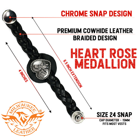 Milwaukee Leather Heart Medallion Vest Extender Genuine Leather Braided Strap 6.5" Extension 4-PCS MLA6067SET