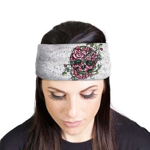 Milwaukee Leather | Bling Designed Wide Headbands-Headwraps for Women Biker Bandana with Rose Skull - MLA8038