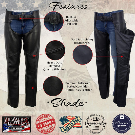 Milwaukee Leather USA MADE MLCHL5001 Women's Black Shade Premium Leather Motorcycle Chaps