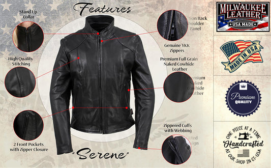 Milwaukee Leather USA MADE MLJKL5003 Women's Black Serene Clean Cut Premium Motorcycle Leather Jacket