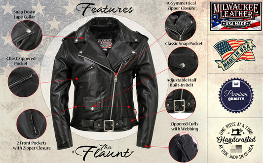 Milwaukee Leather USA MADE MLJKL5004 Women's Black 'The Flaunt' Premium Classic Motorcycle Style Leather Jacket