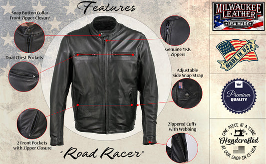 Milwaukee Leather USA MADE MLJKM5001 Men's Black Road Racer Premium Leather Motorcycle Jacket