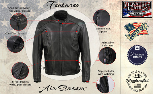 Milwaukee Leather USA MADE MLJKM5002 Men's Black Air Stream Vented Premium Leather Motorcycle Jacket with Side Laces