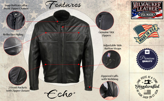 Milwaukee Leather USA MADE MLJKM5003 Men's Black Echo Premium Leather Motorcycle Jacket with Reflective Piping