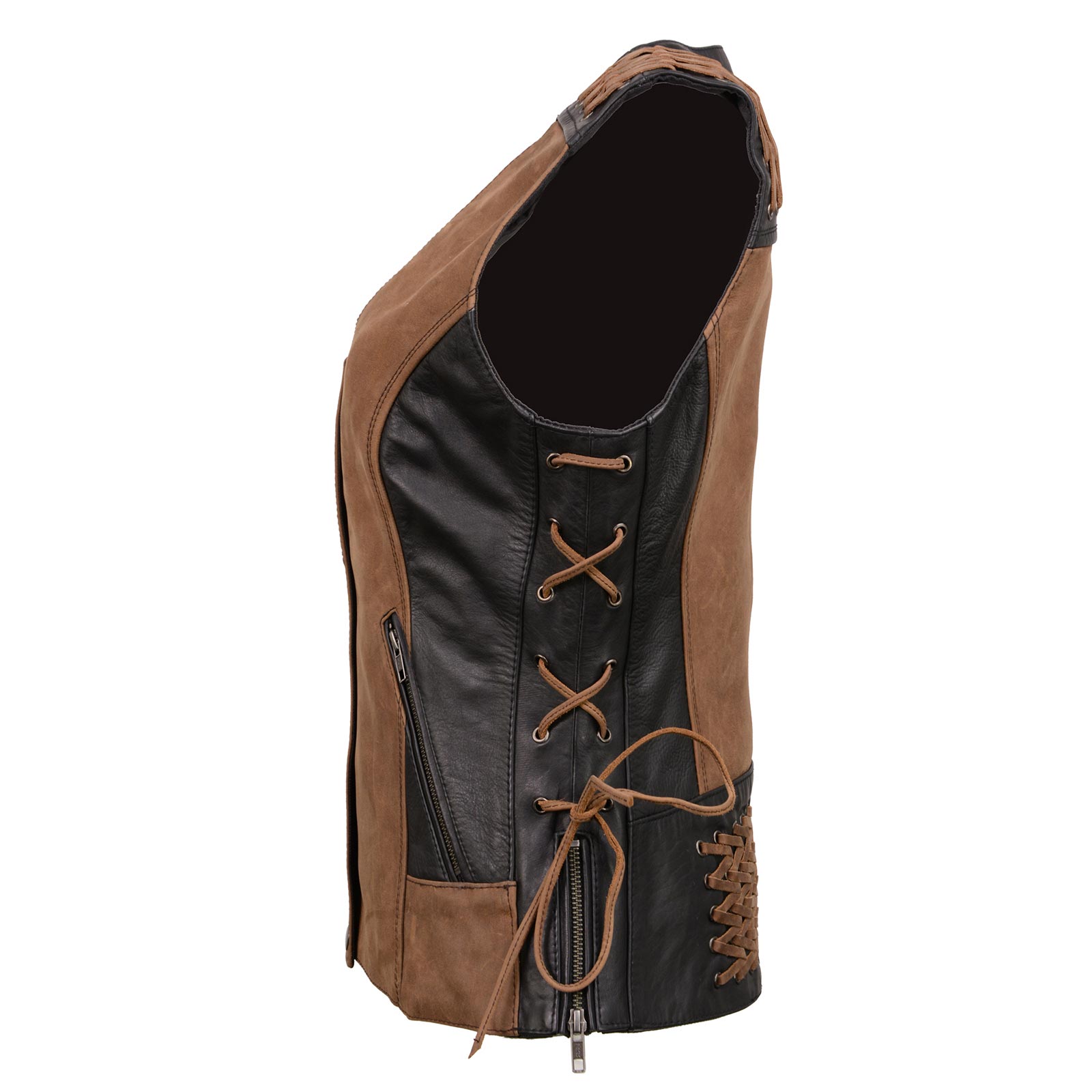 Milwaukee Leather MLL4509 Women's 'Smoocher' Vintage Two Tone Crazy Horse Brown and Black Leather Club Style Motorcycle Vest