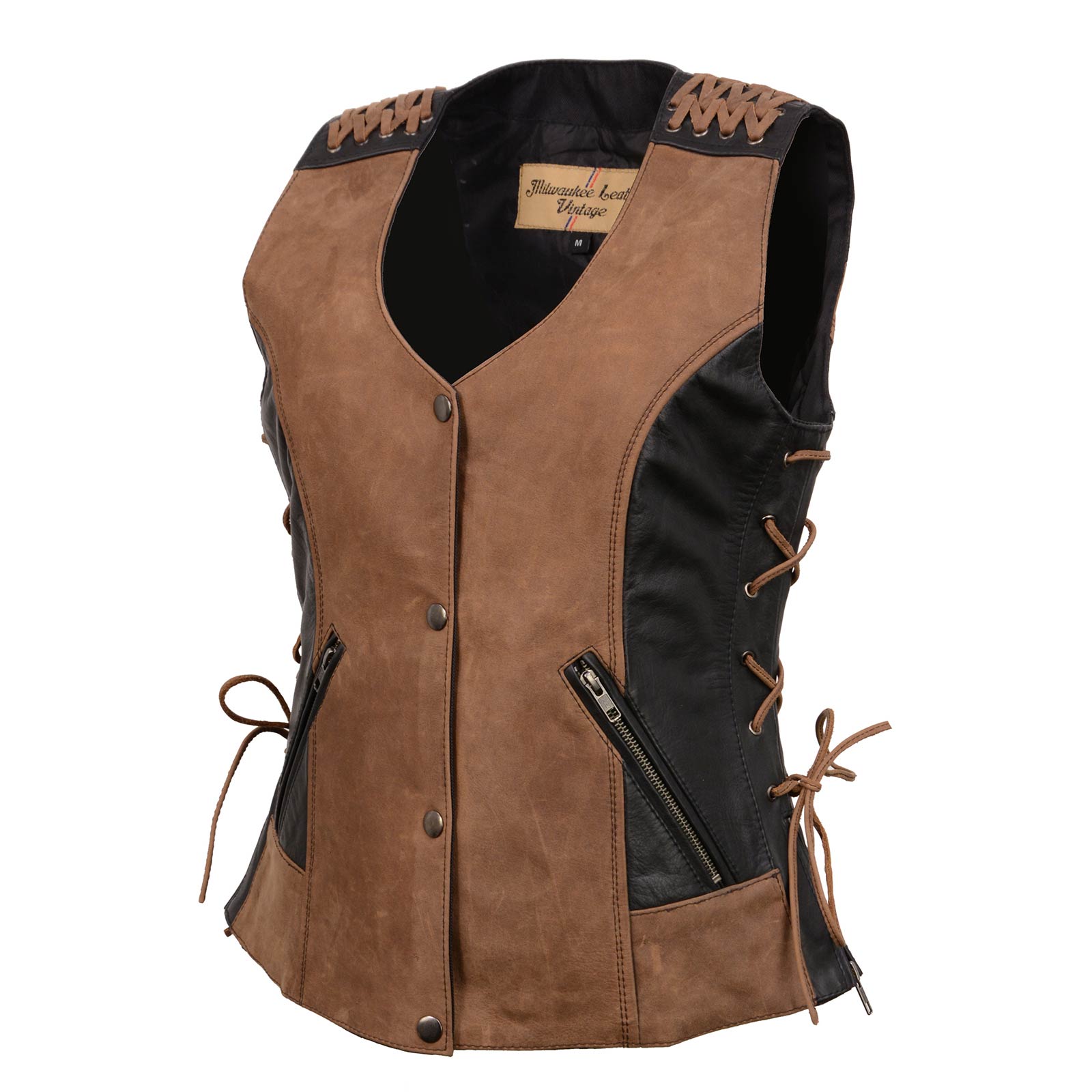 Milwaukee Leather MLL4509 Women's 'Smoocher' Vintage Two Tone Crazy Horse Brown and Black Leather Club Style Motorcycle Vest