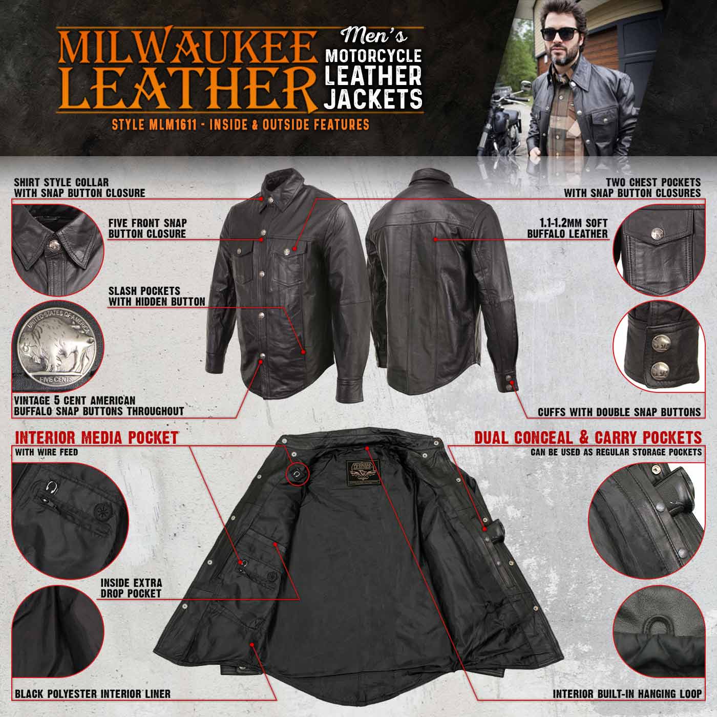 Milwaukee Leather MLM1611 Men's Premium Black Leather Casual Biker Rider Shirt w/ Vintage 5 Cent Buffalo Buttons