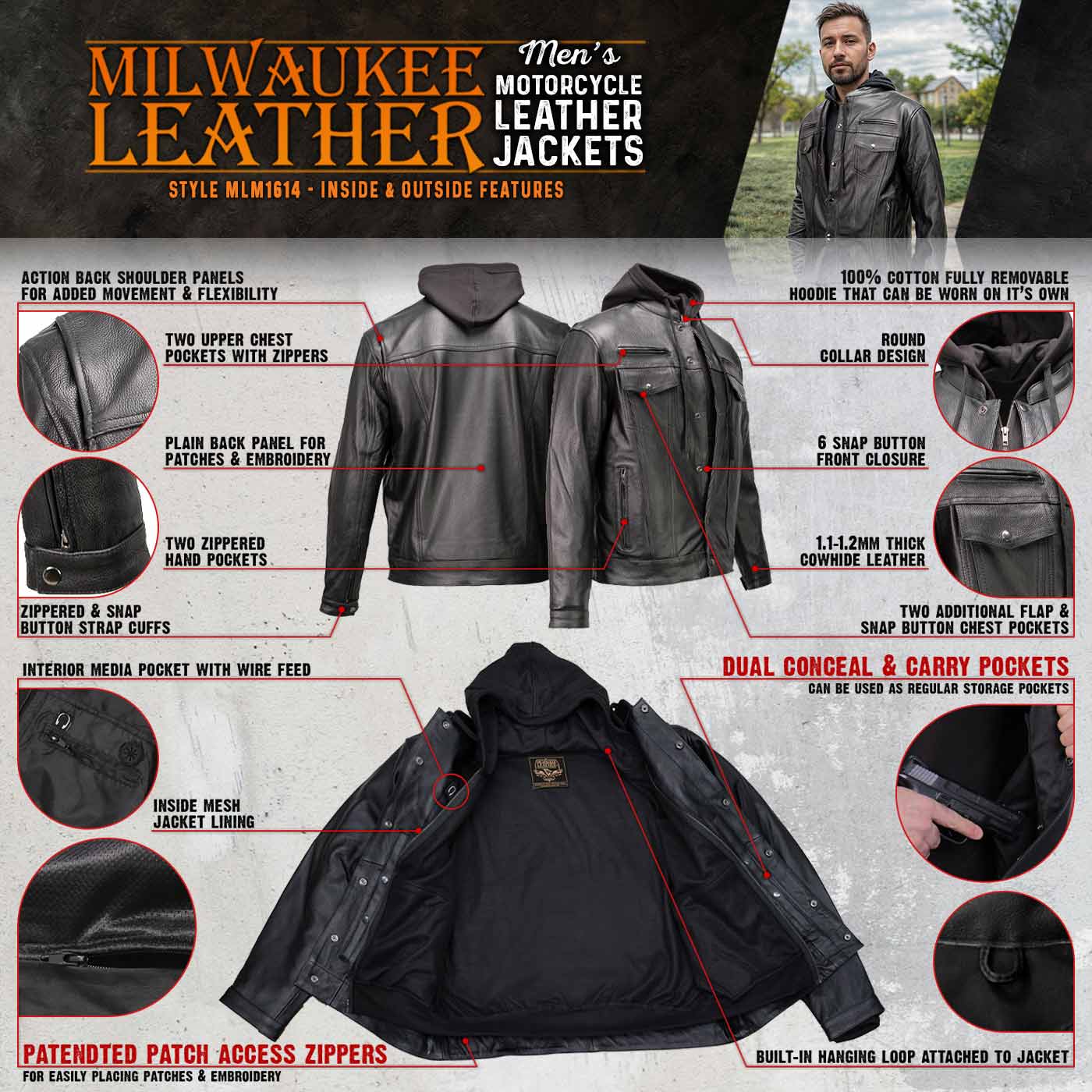 Milwaukee Leather Men's Leather Shirt Jacket with Removable Hoodie