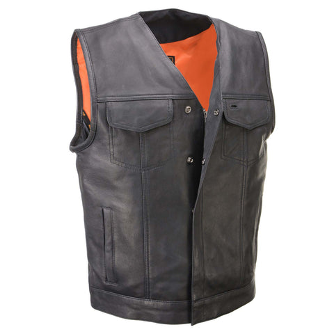 Milwaukee Leather MLM3503 Men's 'Pursuit' Black Premium Naked Goat Leather V Neck Club Style Motorcycle Rider Vest