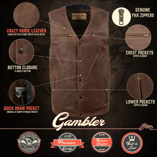 Milwaukee Leather MLM3518 Men's Gambler Snap Front Vintage Crazy Horse Brown Motorcycle Leather Vest