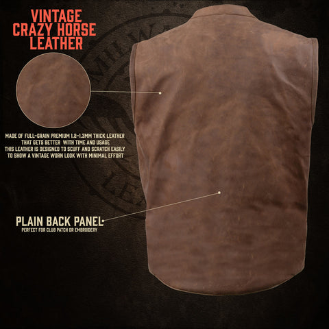 Milwaukee Leather MLM3519 Men's 'Rustler' Vintage Crazy Horse Brown Leather Club Style Motorcycle Vest