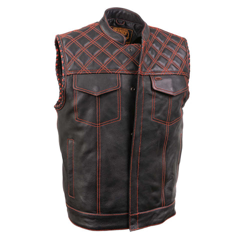 Milwaukee Leather MLM3526 Men's Black 'Paisley' Accented Red Stitching Leather Vest – w/ Armhole Trim Open Collar Design