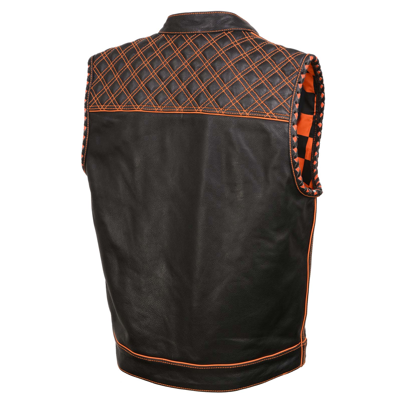 Milwaukee Leather MLM3527 Men's Black 'Checkered Flag' Accented Orange Stitching Leather Vest – W/ Armhole Trim