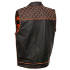 Milwaukee Leather MLM3527 Men's Black 'Checkered Flag' Accented Orange Stitching Leather Vest – W/ Armhole Trim