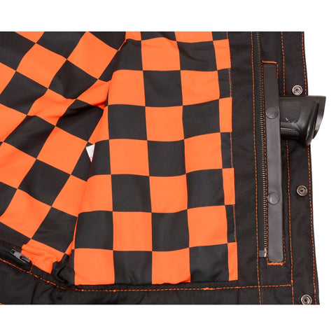 Milwaukee Leather MLM3527 Men's Black 'Checkered Flag' Accented Orange Stitching Leather Vest – W/ Armhole Trim