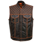 Milwaukee Leather MLM3527 Men's Black 'Checkered Flag' Accented Orange Stitching Leather Vest – W/ Armhole Trim