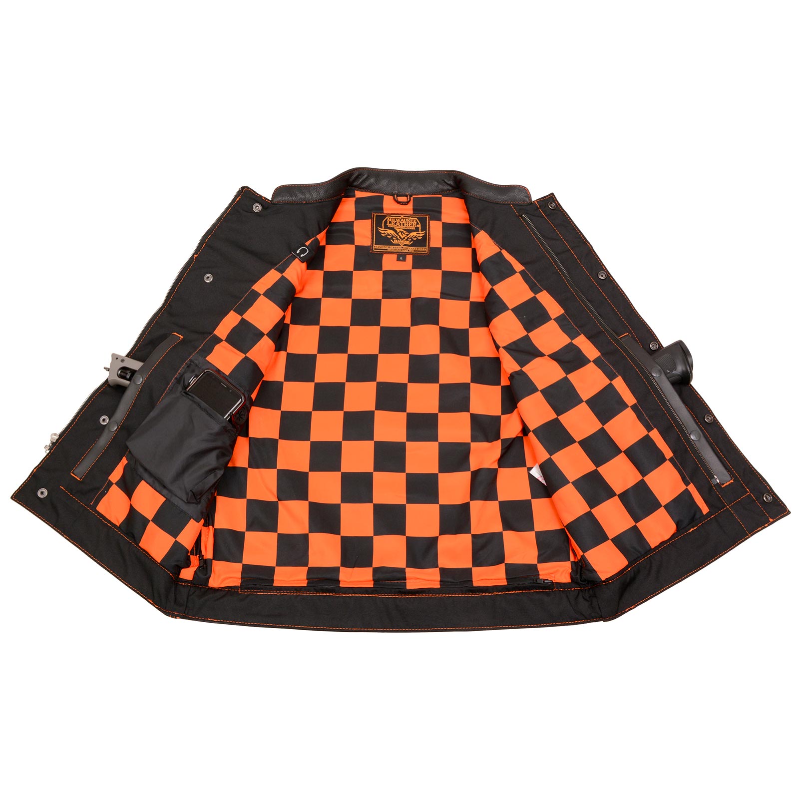 Milwaukee Leather MLM3527 Men's Black 'Checkered Flag' Accented Orange Stitching Leather Vest – W/ Armhole Trim